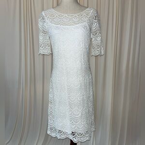 Ralph Lauren White Cotton Crochet Lace Short Sleeve Dress  With Slip - Size M